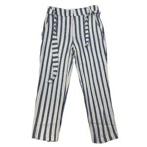 BCBGeneration Womens Cream/Blue Striped Cropped Pants Belted Pockets Size 4
